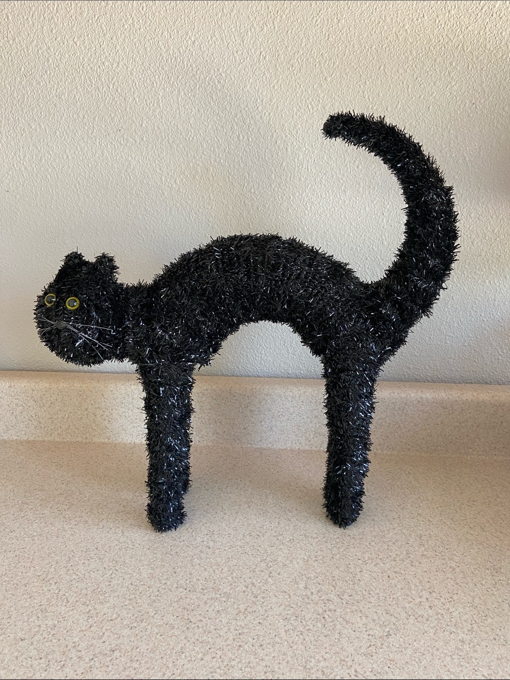 Vintage Black Tinsel Halloween Cat Figure 20" Scared Cat Decor Yellow Eyes